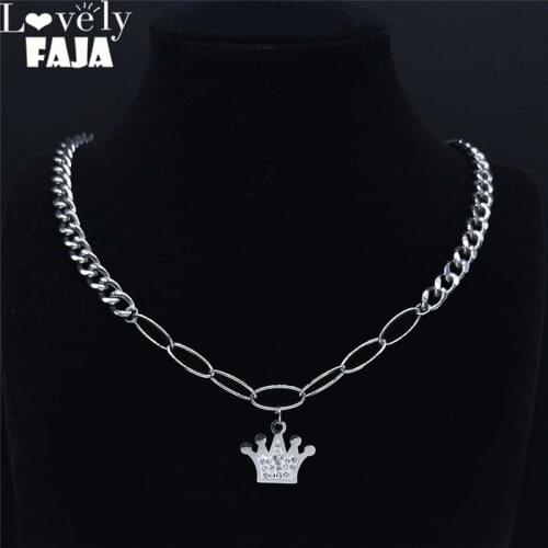 2021 Stainless Steel Crystal Crown Choker Necklaces Women Silver Color Necklaces Jewelry collier inoxydable femme NXHYB201S03