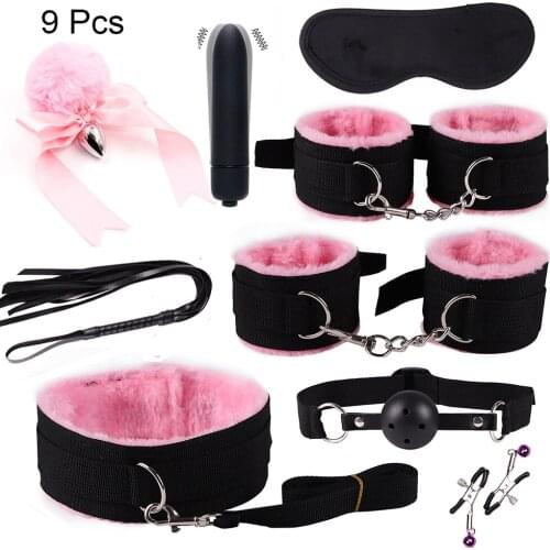 9 pcs Nylon BDSM Kits Plush Sex Bondage Set Handcuffs Sex Games Whip Gag Nipple Clamps Sex Toys For Couples Exotic Accessories