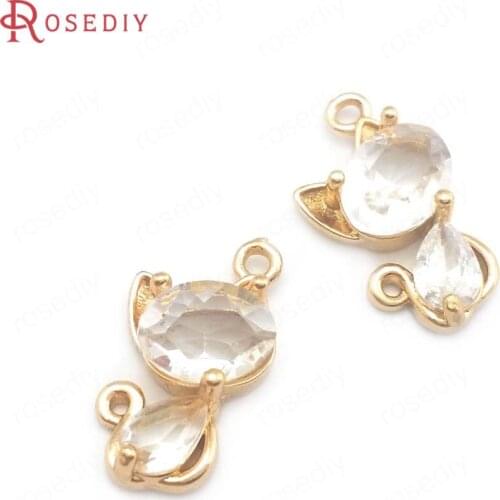 40611)10PCS 18x9MM 24K Champagne Gold Color Brass and Zircon 2 Holes Cat Charms Pendants Jewelry Making Supplies Diy Findings
