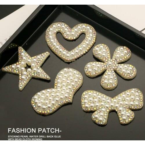 Cute Patch Pearl Iron on Heart Love Patches for Clothing Decorative Sticker Applique Embroidery Coat Girl Women Star Bow