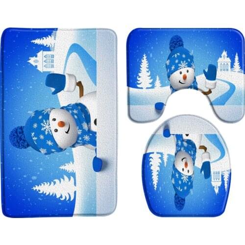 Cute Cartoon Snowman Bath Mat 3 Piece Bathroom Mat Non-Slip Entrance Door Mat Carpet Christmas Toilet Decor Bathroom Supplies