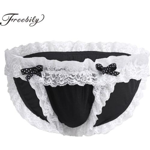 Sexy Gay Jockstraps Panties Mens Lingerie Sissy Maid Floral Ruffle Lace Soft Bikini Briefs Sissy Underwear Underpants