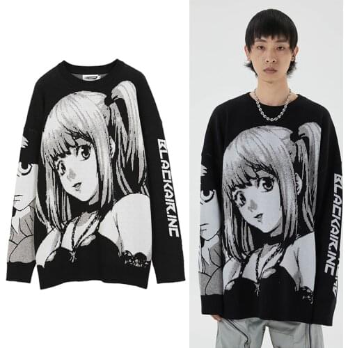 2021 Winter Anime Sweater Men Black Knitted Cotton Mens Clothes Oversized Korean Fashion Harajuku Vintage O-Neck Pullover Coat