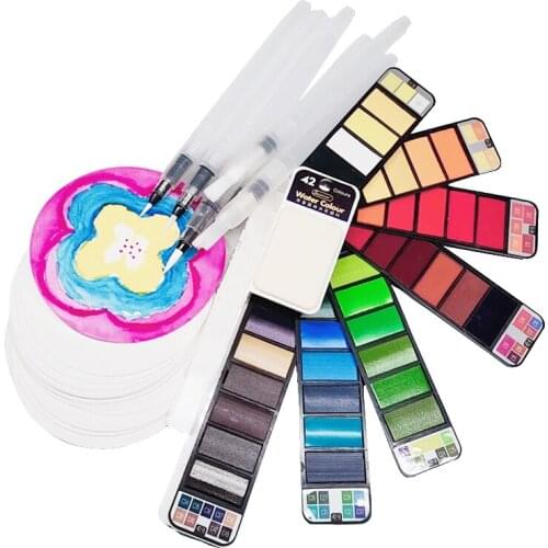 Barteen Artist Solid Watercolor Painting Set With 6 Water Brush Pens 24 watercolor papers Foldable Travel Water Color Pigment