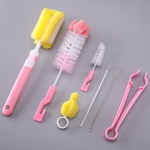 7Pcs Set Baby Bottle Brush Baby Nipple 360-degree Rotating Head Cleaning Sponge Cup Brush Kit for Baby Bottle Washing Cleaning