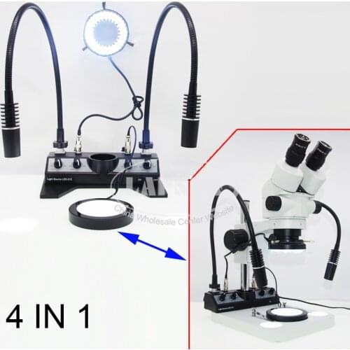 4 IN 1 LED Microscope Illuminator Set + Stage + 80 LED Ring Light + 2 Gooseneck Lamp 6W + Bottom Base Light (110-240V AC Input)