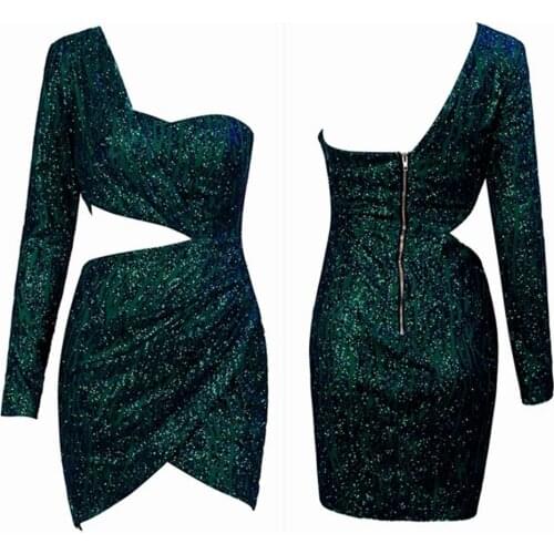 2019 New Fashion Coral Red Green One SHoulder Sequin Mesh Dress Sexy Women Summer MIni Clun Vestidos Celebrity Party Wholesale