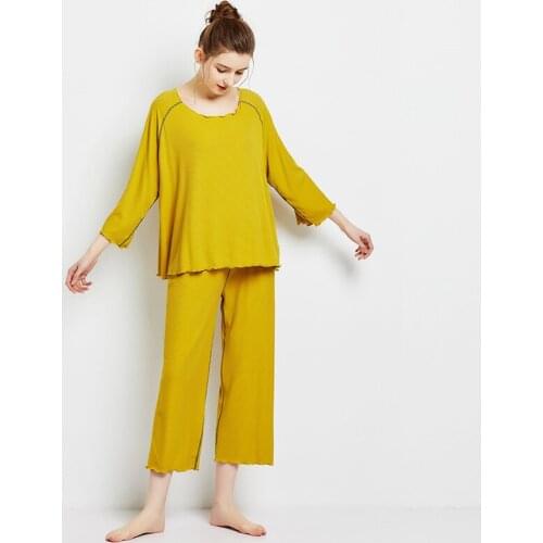 Summer 2021 new mercerized modal pajamas womens three-quarter sleeves nine-point wide-leg pants home service suit