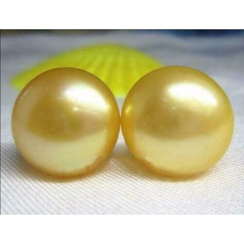 HUGE AAA 13-14MM NATURAL SOUTH SEA YELLOW STUD PEARL EARRING