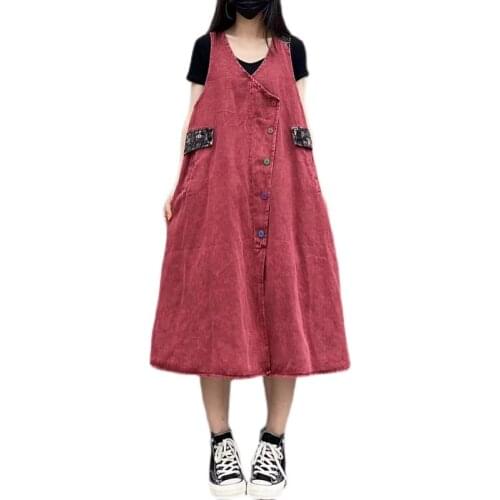 Vintage Sleeveless Denim Dress Women Summer V Neck Vest style Jeans Dresses Baggy Button Purple red black Cowboy A-Line Dress