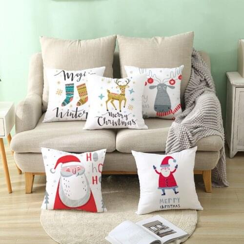 Christmas Polyester Peach Velvet Throw Pillow Case Cartoon Santa Xmas Tree Reindeer Print Decorative Cushion Cover