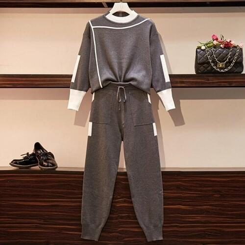 2020 O-neck Drawstring Special Offer Full Womens Knitted Suit Large Size 2-piece Set Contrasting Sweater And Pants Two-piece