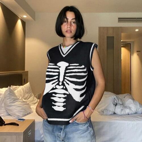 Streetwear Gothic Skeleton Print Y2K Sweater Vest Korean Fashion Autumn Pullover Women Brown Knitted Sweaters Jumpers