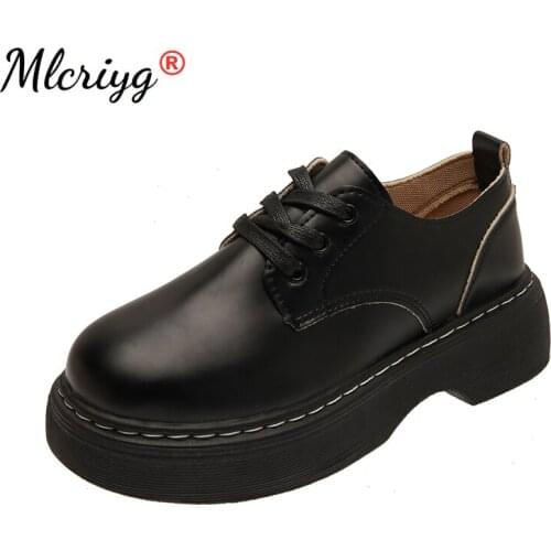 Genuine Leather Leisure Preppy Style Solid Lace Up Round Toe Med Heels Fashion Basic Young Lady Daily Wear Pumps 2021 Spring New