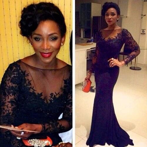 Elegant Long Sleeve Sheer Black Lace Evening Dress 2019 Appliques Mermaid Evening Dresses Party Gown Vestido De Festa