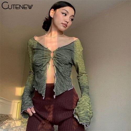Cutenew Sexy Hollow Out V-Neck Buttons Flared Sleeves Women T-Shirts Summer Casual Slim Print Streetwear Solid Lady Crop Tee Hot
