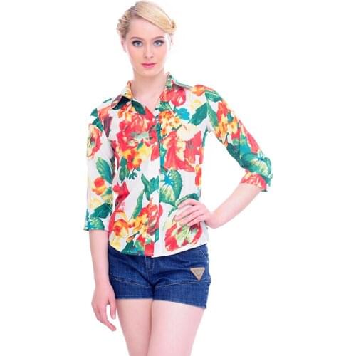 Women Cotton Blouse Shirts Turn Down Collar Printed Floral Shirts Three Quarter Sleeve Blouses High Quality
