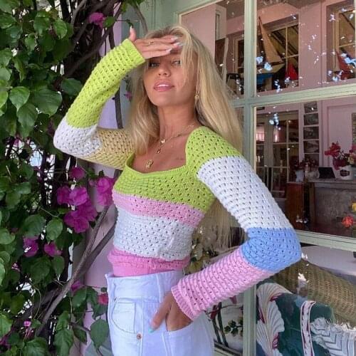 Knitted Long Sleeve Crop Top Women 2021 Autumn Patchwork Square Collar Sexy Y2k Tops Fashion Casual Vintage Hollow Out T Shirts