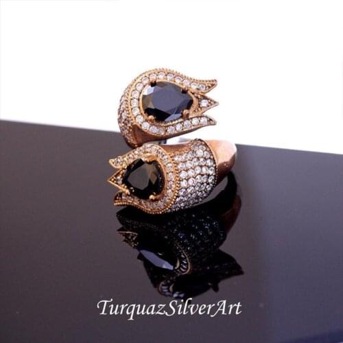 Handmade Woman Dark Blue Tulip Zircon Gemstone Ring, Ottoman-Antique-Ancient Type Woman 925 Silver Ring