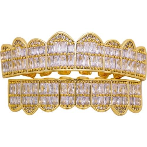 Gold Hip Hop Teeth Grillz Micro Pave Cubic Zircon Mouth Caps Top&Bottom Vampire Teeth Grills Set Holleween Gift