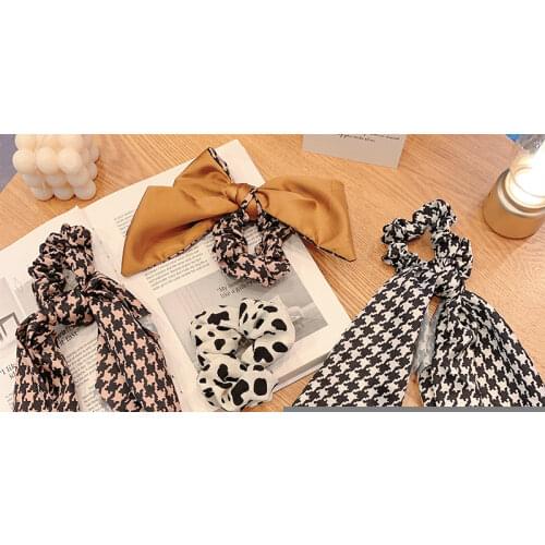 Womens Vintage Houndstooth Bowknot Rope Large Intestine Circle Long Ribbon Hair Accessories