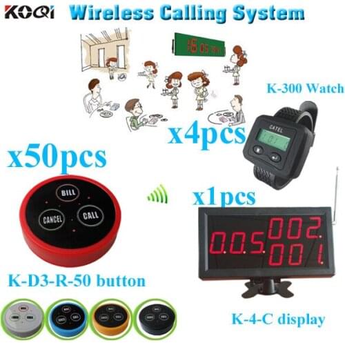 Wireless Ordering System Restaurant with monitor bell button watch pager (1 display receiver+ 4 watch +50 table bell button)
