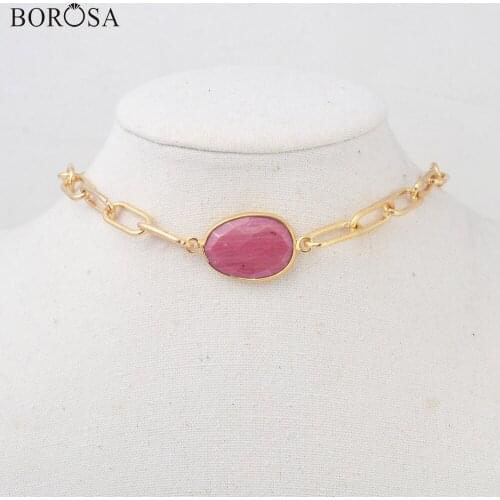 BOROSA 15inch Gold Plating Natural Stone Pendant Necklaces for Women High Quality Amazonite Crystal Choker Metal Necklace HD0352