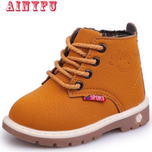 Ainyfu Children Martin Boots New Autumn Winter Warm Cotton Shoes Hot Sale Boys Fashion Girls Kids Non-slip Leather Boots A954