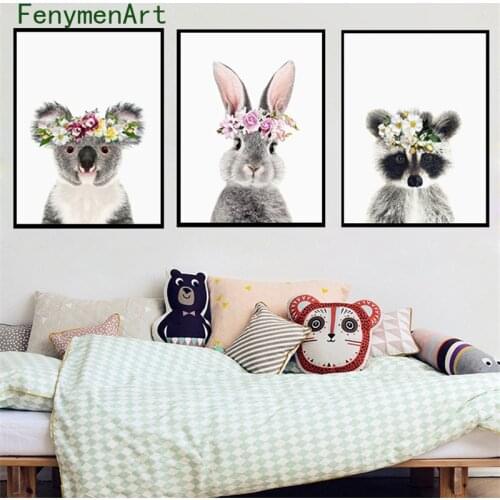 Flower Bunny Owl Brown Bear Koala Canvas Painting Children Poster Print Wall Art Forest Animal Pictures Kids Baby Bedroom Decor