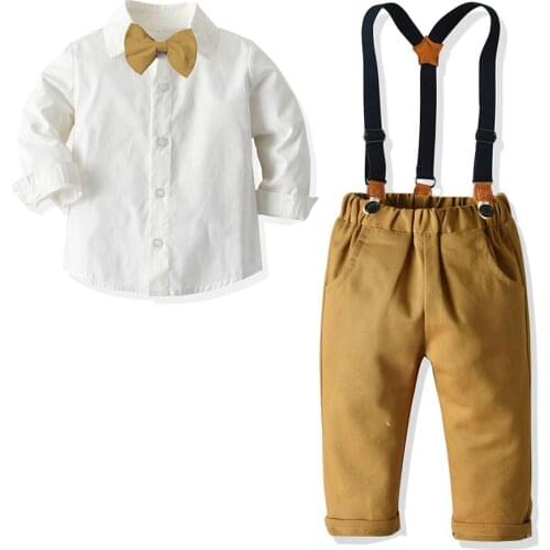Childrens Autumn Clothing Boys Long Sleeve White Shirt Bow Suspender Pants
