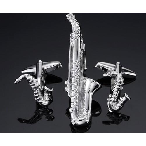DY The new high quality fashion design music equipment Sax silvery tie clip Cufflinks suit men dress jewelry free shipping
