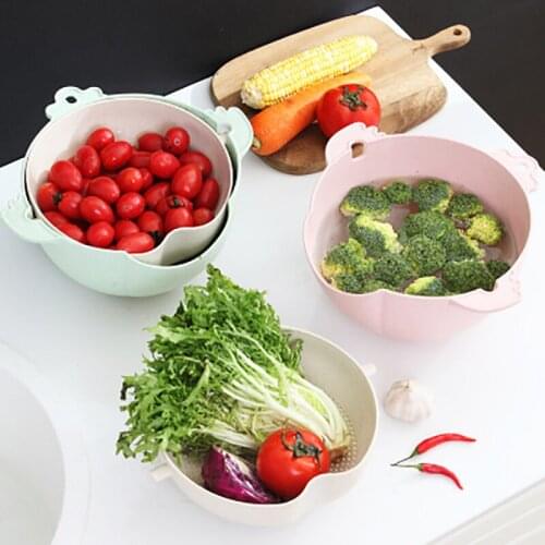 Creative Double Wash Melon Fruit Vegetable Basket 2020 New Kitchen Tool 360 Rotating Wheat Straw Drainer Washing Sieve