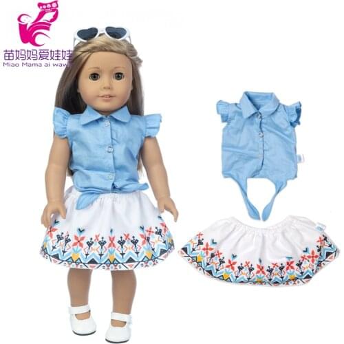 18 Inch Girl Doll Blue Blouse Tie A Knot Flower Dress Baby Doll Clothes Baby Girl Gifts
