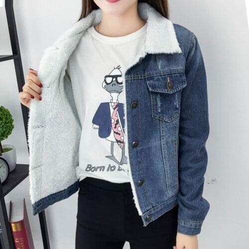 Women Denim Jacket Winter Lambskin Lined Coat Short Single-breasted Winter Motorcycle Clothing Lady Denim Jeans Outerwear C197