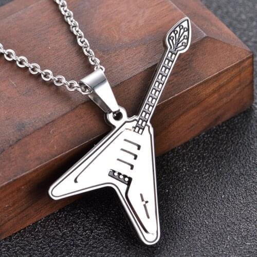 New Men Necklaces Fashion Stainless Steel Rock Music Guitar Pendant Chain Jewelry