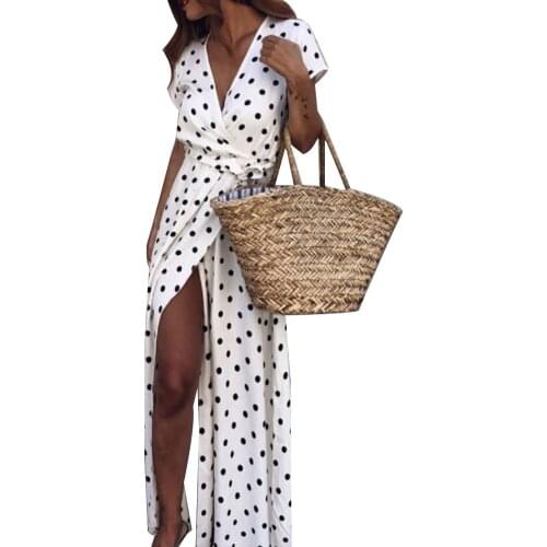 Dress Women Summer Sexy Beach Party Deep-V Polka Dot Slits Chiffon Short Sleeve Polka Dot Pattern Maxi Dress summer dress