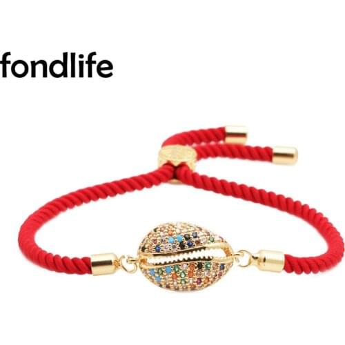 AAA Multicolor Cubic Zirconia Crystal Gold-plated Brass Cowrie Seashell Red Cord Bracelet Women Rope Braided Adjustable Jewelry