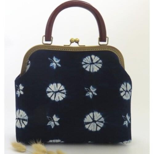 Handmade Ancient Style Chinese Elements Chinese Clothes Cross-Body National Style Retro Gold Bag Flag Plant Blue Dyed Robe Bag