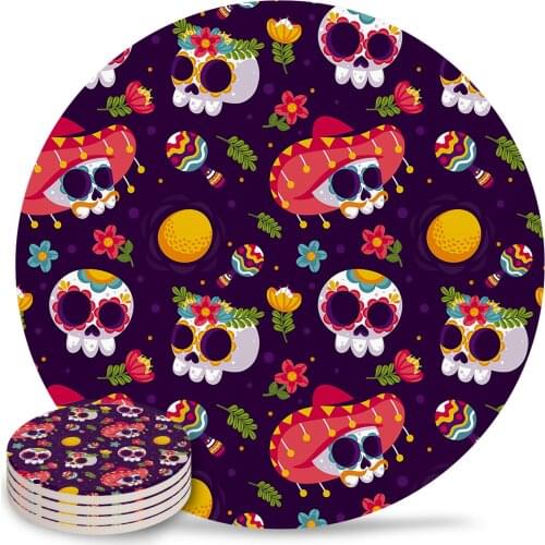 Skull Hat Round Coaster Coffee Table Mats Kitchen Accessories Absorbent Ceramic Coasters
