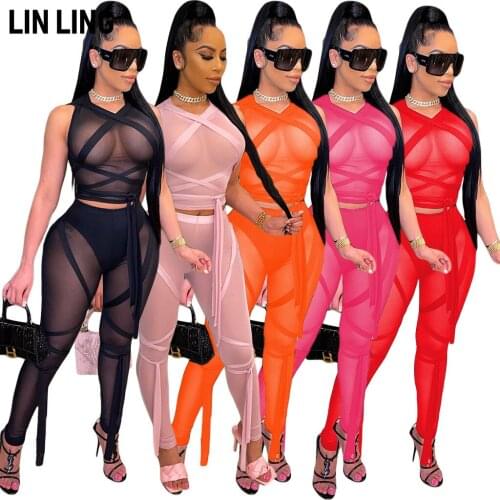 LINLING Sexy Mesh See-through Strapping Sleeveless Vest Sets Summer Dress Maxi Dresses for Women 2 Piece Sets