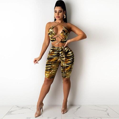 Animal Printed Bodycon Two Piece Club Outfits Womens Tracksuit Lace Up Backless Crop Top+knee Length Biker Short Draw Strings