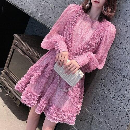 Runway dress 2021 women high quality pink floral print ruffles long sleeve cake dress princess fairy girl sweet dress vestidos