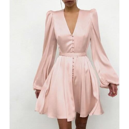 2021 New Dress Women A Line Dress Sexy V Neck Lantern Sleeves Solid Slim Short Dresses Night Celebrate Party Dress