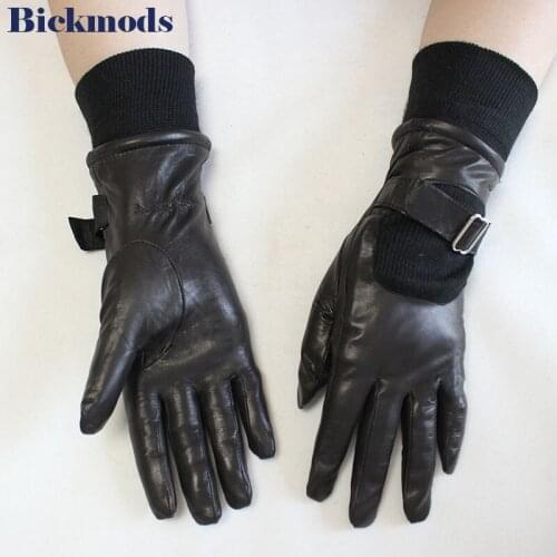 Leather gloves womens new medium and long grade goatskin gloves ribbed cuffs autumn and winter windproof cold warm