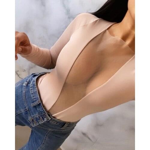 2021 New Bodysuit Women Sexy Mesh Stitched Long Sleeve Bodysuits