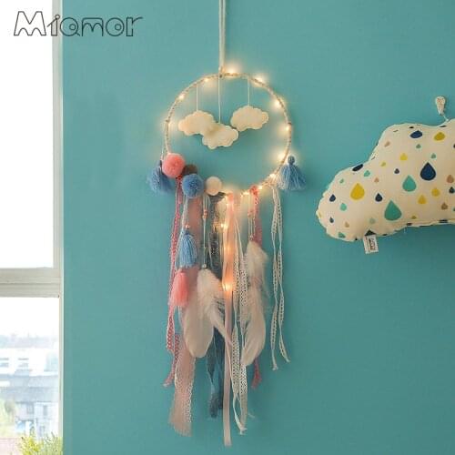 Dreamcatcher With Light Big Lace Dream Catcher with Clouds & Pompom Home Wall Hanging Decor Pendant for Kids Bedroom AMOR143
