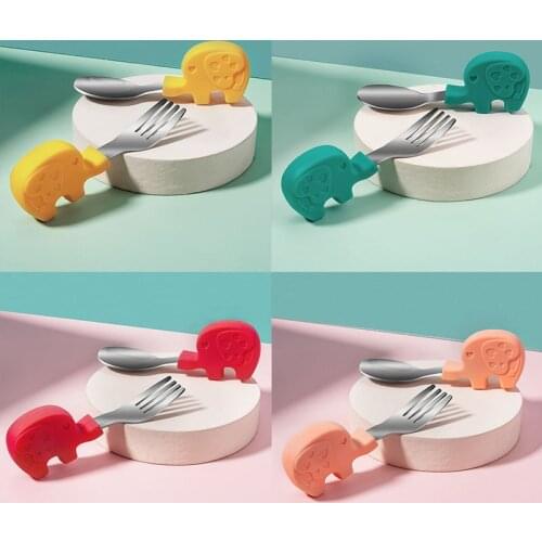 2-Piece Set Cute Cartoon Silicone+Stainless Steel Baby Feeding Spoon+Fork Set Short Handle Infant Training Feeding Tableware