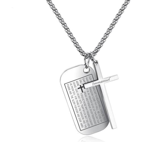 Silver Color Black Cross Bible Dog Tag Pendant Necklace For Men Males Boy Scripture Prayer Religious Jewelry Stainless Steel