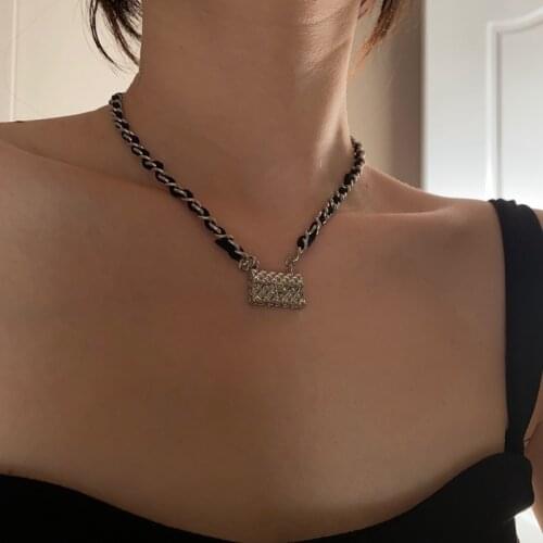 Hip Hop Jewelry Fashion Plaid Bag Pendants Necklaces For Women Black Lether Chunky Chain Necklace Gift