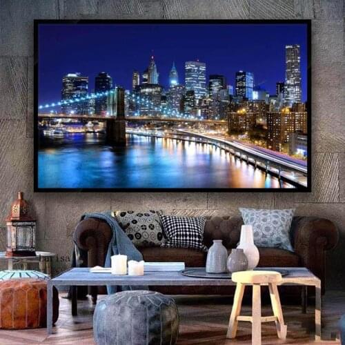 New York City Manhattan Night Landscape Poster Print Wall Art Canvas Painting Brooklyn Bridge Picture for Living Room Home Decor